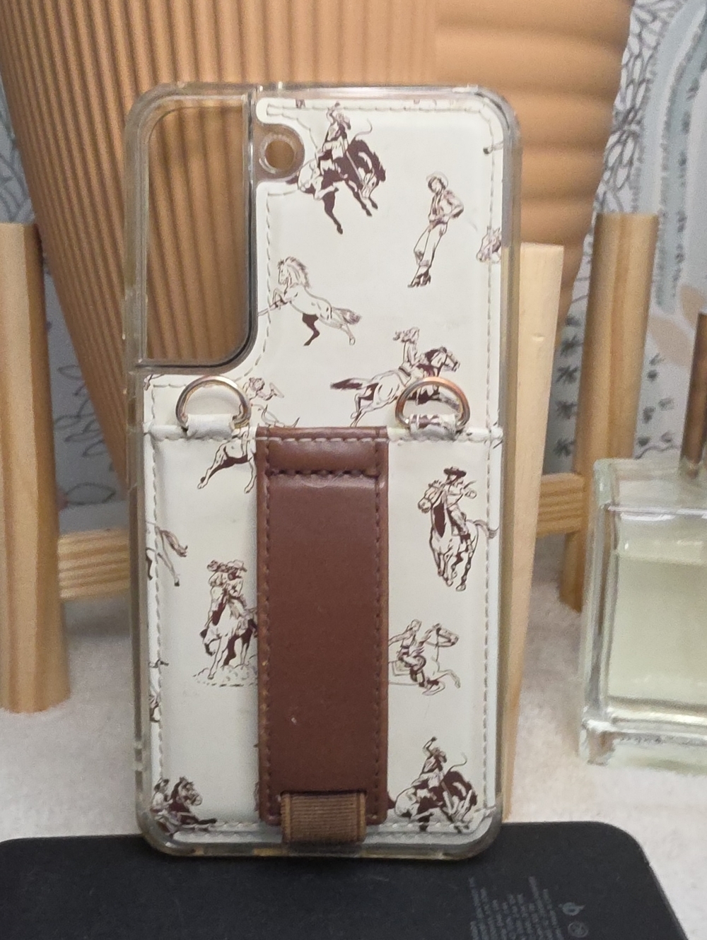 Samaung Galaxy S22 Card Case Walli White Phone Case with Brown Strap Rodeo Print